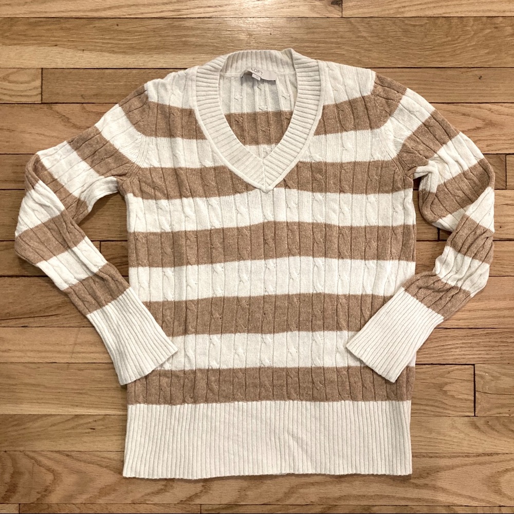 LOFT Striped Cable Knit V-Neck Sweater EUC